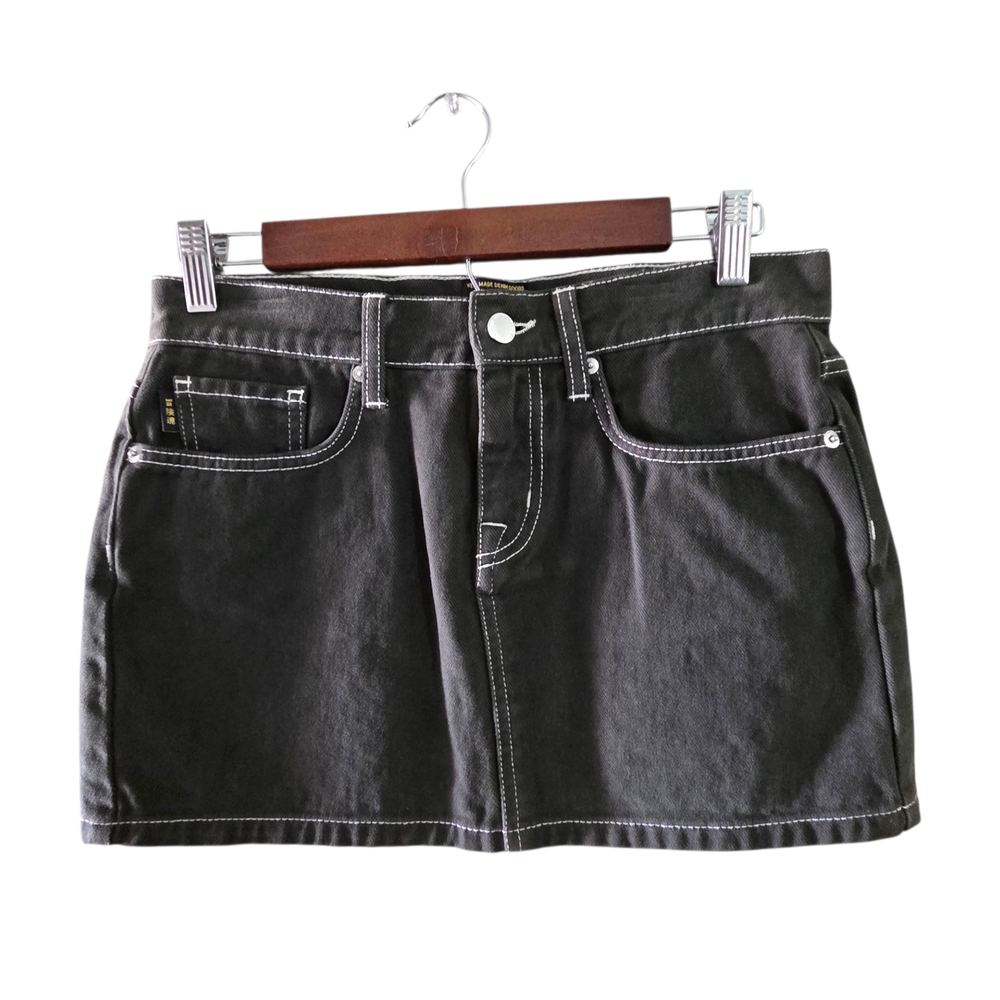 Superdry Faded Olive Black Denim Mini Skirt Sz 25 Y2K Style Contrast Stitch